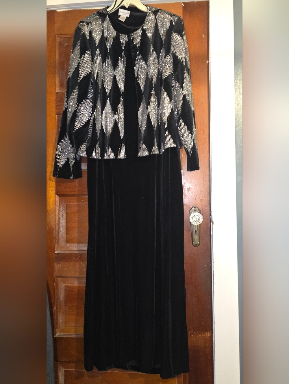 Fashion Bug Elegant Black Velvet Maxi Dress with Glittered Cropped Jacket
